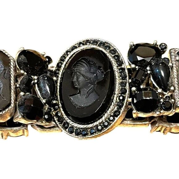 Costume Silver w/ Black Onyx Lucite Embossed Jewelry Bracelet Panels Stretch - Picture 2 of 8